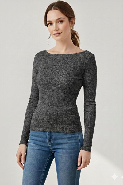 CAST COLLECTİON بلوزة نسائية من أنثراسايت بقصة ضيقة وأكمام طويلة وياقة قاربية