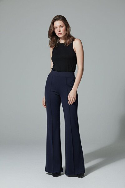 Madmext Navy Blue High Waist Flare Leg Stylish Casual Women's Trousers Mg2645