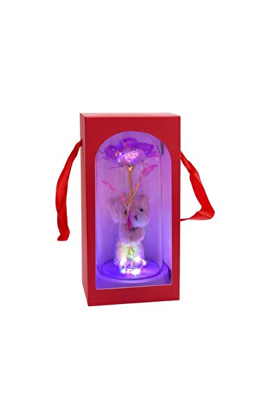 LOVE Trandafir Cristalizat 21cm, cu Lumină LED cu Ursulet 10cm, în Cupolă din...