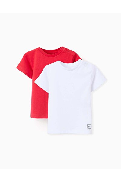 Ziddy عبوة من قطعتين من التيشيرتات القطنية السادة للأطفال الرضع، أبيض/أحمر