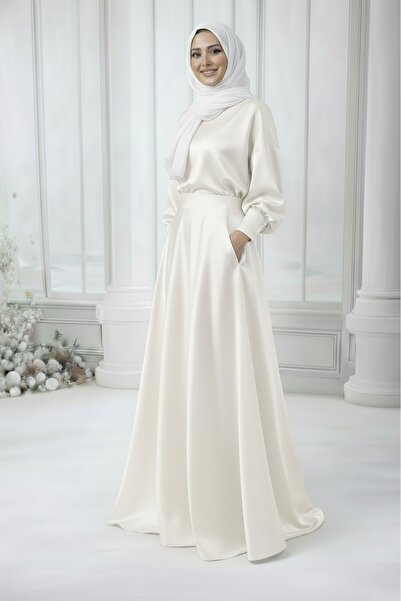 MadyaButik Women's Ecru Pocketed Padded Hijab Skirt