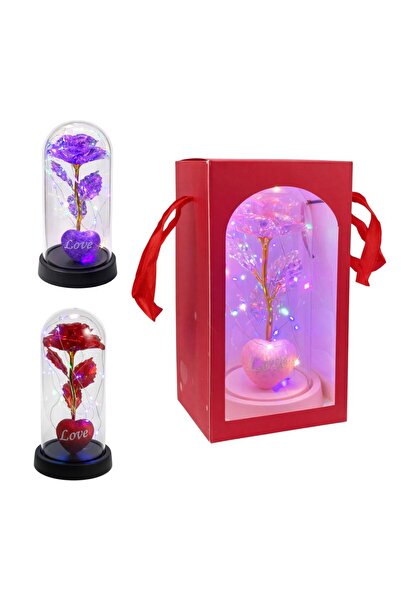 LOVE Trandafir Cristalizat 21cm cu Lumină LED Multicoloră cu Inima,în Cupolă ...