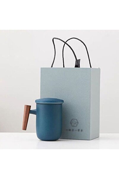 Arabest Frosted ceramic teacup with strainer wooden handle - blue