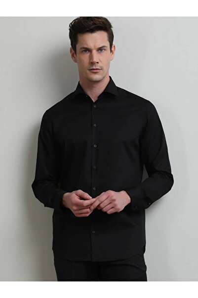 Kip Black Plain Regular Fit Weaving Classical Cotton Blended Shirt
