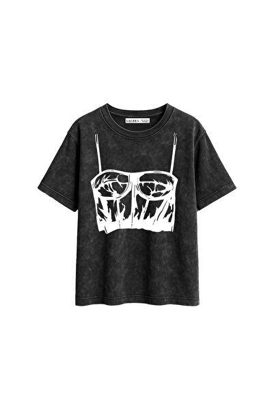 Bak Moda Leather Shine Printed Relaxed Fit Washable Black Women's Tshirt