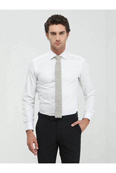 Kip White Plain Slim Fit Weaving Classical 100% Cotton Shirt