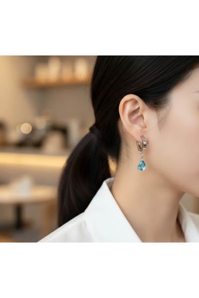 stainless steell gümüş mavi renk damla model çelik küpe