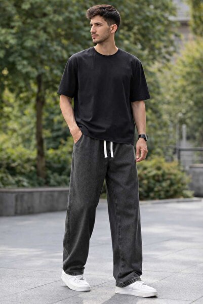 ECK MODA Men's Comfortable Fit Acid Washed Elastic Waist Lace-Up Baggy Model ...