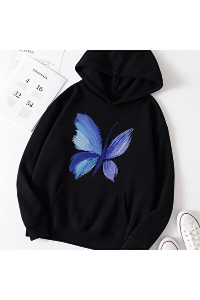 Deocept Unisex Kelebek Printed Hooded Basic Oversized Sweatshirt