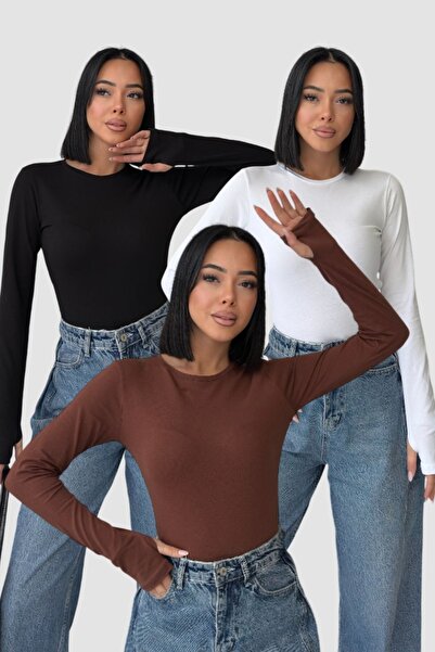 Lunamiratto Women's 3-Piece Crew Neck Bitter Coffee Black White Finger Interl...