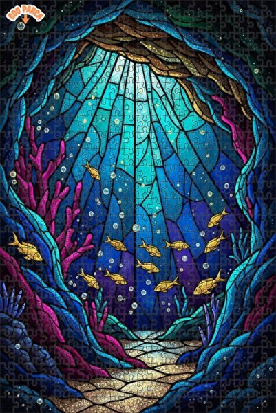 Teona Ahşap Magnificent Undersea Fish School Glass Embellished Double Layer F...