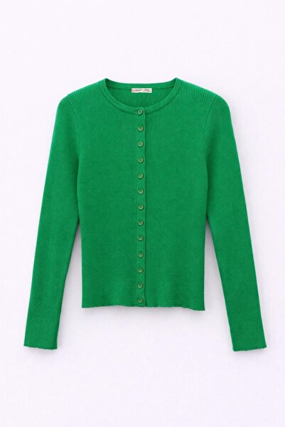 Mixray 6931 Women's Buttoned Corded Fabric Knitwear Cardigan Green