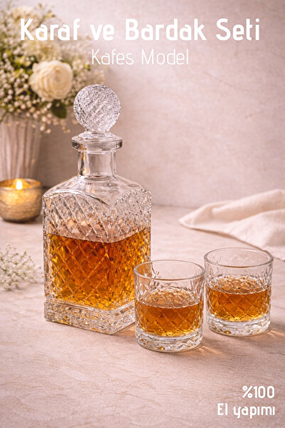 Nandy Home El Yapımı Cam, Kafes Model Kapaklı Kare Cam Karaf ve 2'li Bardak Seti
