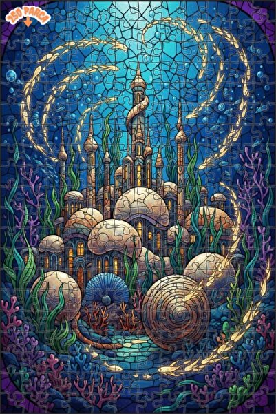 Teona Ahşap Mermaid Palace Stained Glass Look Wooden Puzzle Double Layer Fram...