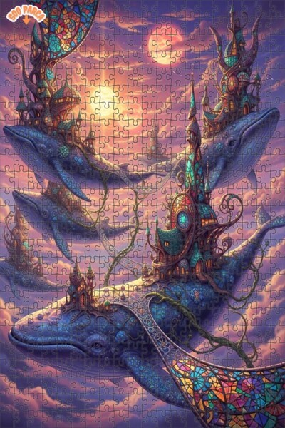 Teona Ahşap لغز فني على شكل لوحة زيتية لمناظر مدن خيالية على شكل حيتان السماء...