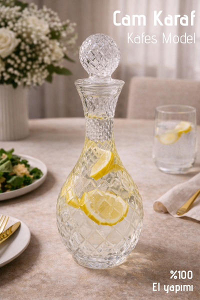 Nandy Home El Yapımı Cam, Kafes Model Kapaklı Sürahi - 1Lt. Cam Sürahi