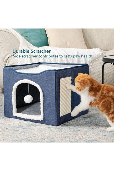 SCHENKERO سرير قطط كبير أزرق قابل للطي، مقاس 41×41×35 سم، مزود بكرة ولوحة خدش للقطط المنزلية