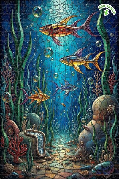 Teona Ahşap لغز خشبي بإطار مزدوج الطبقات بتصميم زجاجي ملون لعالم الأسماك تحت ...