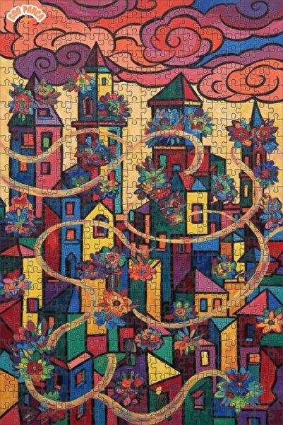 Teona Ahşap Oil Painting Look Colorful City Flowers Double Layer Framed Woode...