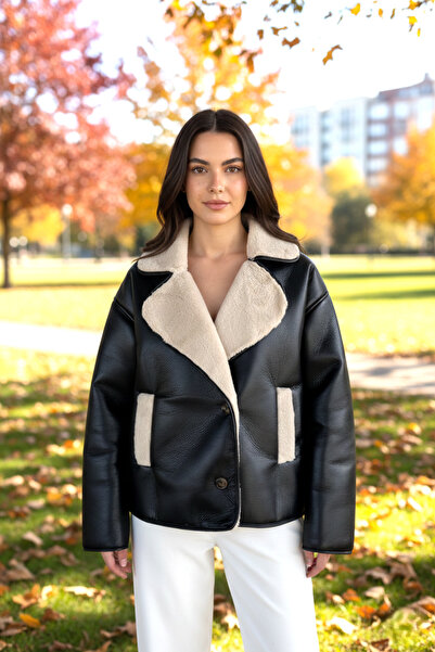azragül giyim Double-Breasted Plush Collar Coat