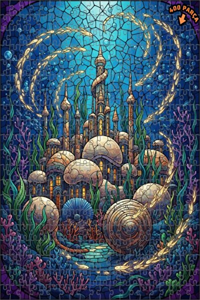 Teona Ahşap Mermaid Palace Stained Glass Look Wooden Puzzle Double Layer Fram...