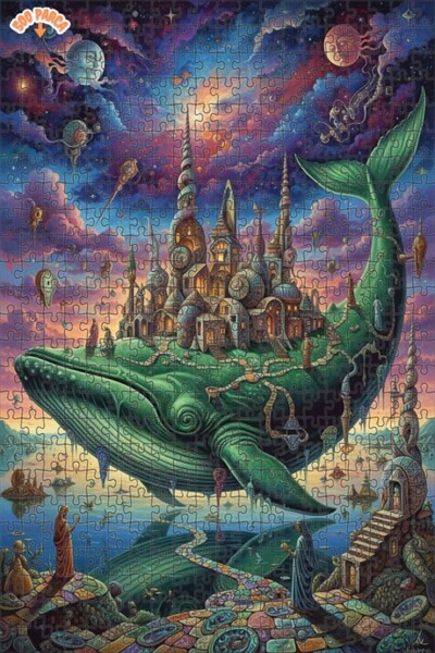 Teona Ahşap لغز خشبي بإطار ذو طابقين بمظهر لوحة زيتية لمدن الحيتان الخيالية 5...