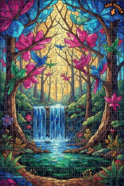 Teona Ahşap لغز خشبي مؤطر ذو طابقين بتصميم شلال الغابة والطيور والزجاج الملون...