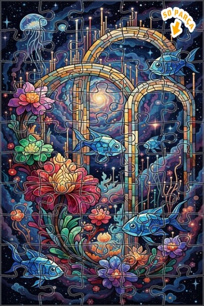 Teona Ahşap لغز خشبي رائع على شكل أسماك المجرة والزهور الملونة ذو طبقتين 50 ق...