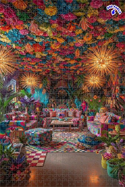 Teona Ahşap غرفة معيشة بتصميم بوهيمي أنيق مع سقف مزين بالزهور، لغز خشبي 600 ق...