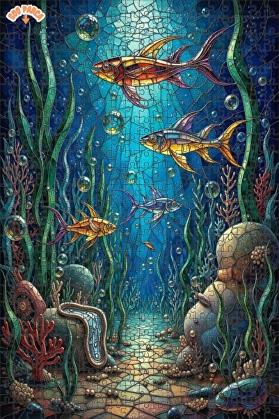Teona Ahşap Colorful Fishes Underwater World Stained Glass Look Double Layere...