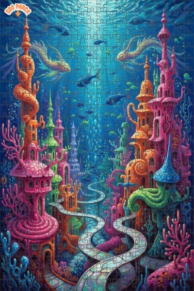 Teona Ahşap Dream Underwater City Oil Painting Lookalike Double Layer Framed ...
