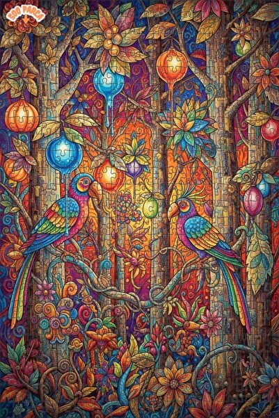 Teona Ahşap Colorful Parrots Forest Oil Painting Lookalike Double Layer Frame...