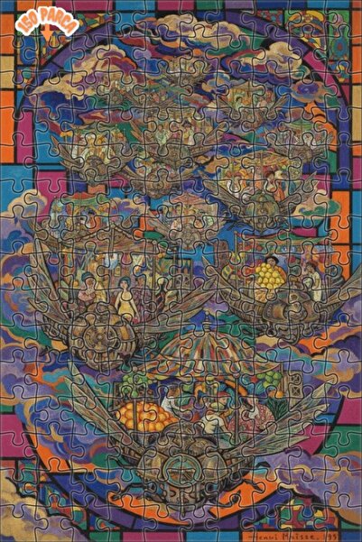 Teona Ahşap Flying Market Carts Oil Painting Look Modern Double-Decker Framed...