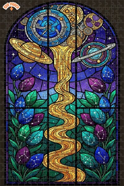 Teona Ahşap Stained Glass Art Space and Time Themed Double Layer Framed Woode...