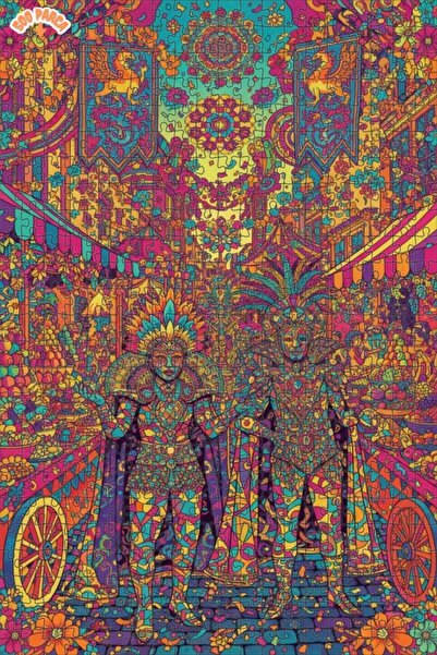 Teona Ahşap Colorful Carnival Figures Oil Painting Look Double Layer Framed W...