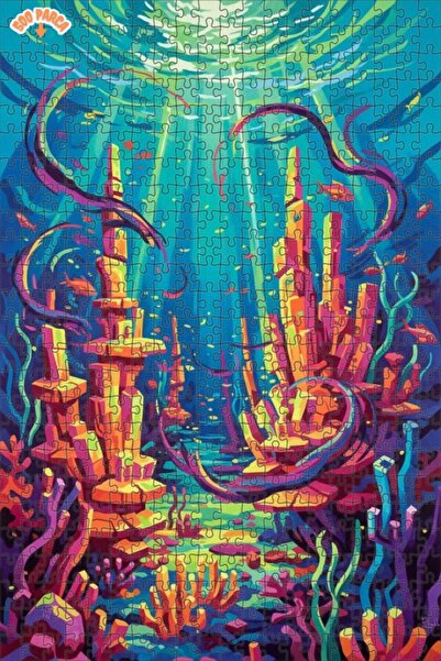 Teona Ahşap Colorful Underwater City Watercolor Look Modern Double-Layered Fr...