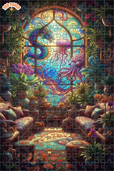 Teona Ahşap Fantastic Dragon and Octopus Stained Glass Art Double Layer Frame...