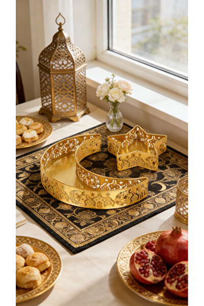 Yoawllty Ramadan Decorations for Home, 2Pcs Gold Moon Star Metal Serving Tray...