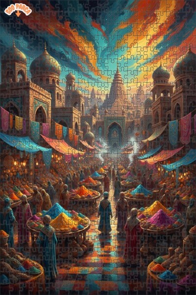 Teona Ahşap Magical India Market Oil Painting Lookalike Double Layer Framed W...