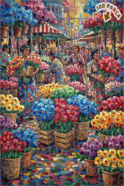 Teona Ahşap لغز خشبي بتصميم سوق الزهور النابض بالحياة، 100 قطعة، مقاس 25x25