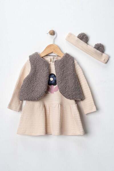 Via Girls Floral Detailed Vest Set and Crowned Dress