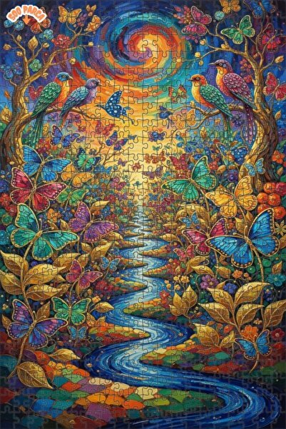 Teona Ahşap Colorful Butterflies and Birds Themed Oil Painting Look Wooden Pu...