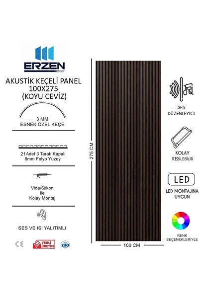 Erzen Door Koyu Ceviz Vestiyer TV Ünitesi Akustik Panel Mdf 100x275