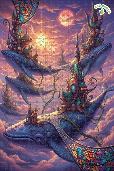 Teona Ahşap لغز فني على شكل لوحة زيتية لمناظر مدن خيالية على شكل حيتان السماء...