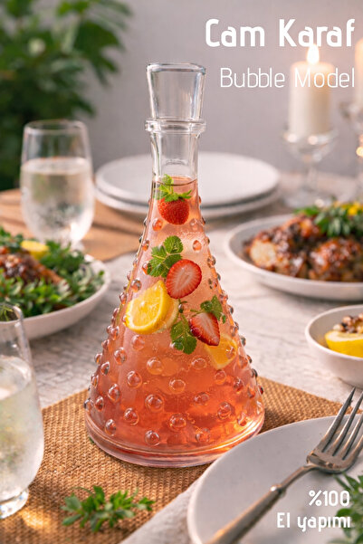 Nandy Home El Yapımı Cam, Bubble Model Kapaklı Sürahi - 1Lt. Cam Sürahi