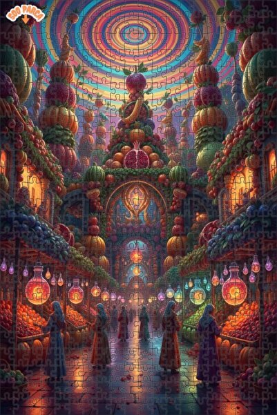 Teona Ahşap Fantastic Fruit Market Oil Painting Look Double Layer Framed Wood...