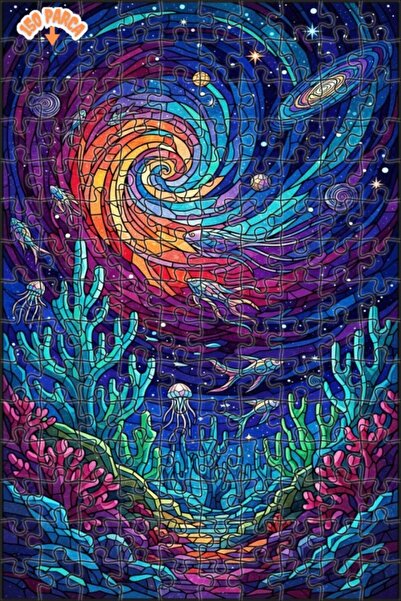 Teona Ahşap أسماك سحرية في بحر الفضاء، لغز خشبي ذو طابقين بإطار يشبه الزجاج ا...