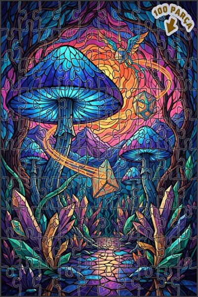 Teona Ahşap Mushroom Crystal Forest Glass Mosaic Look Wooden Puzzle 100 Piece...