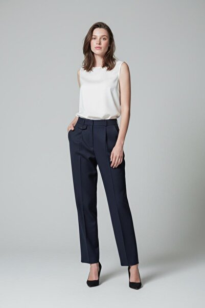 Madmext Lacivert Pens Detaylı Kapaklı Düz Paça Kumaş Pantolon MG2642