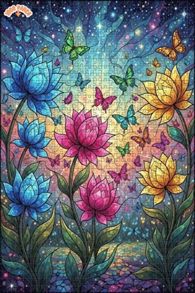 Teona Ahşap Rainbow Butterflies and Lotus Flowers Oil Painting Double-Layer F...